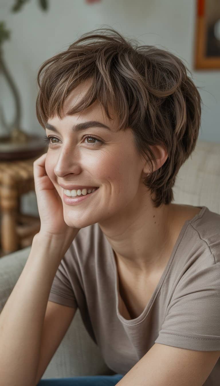 A woman with a short layered haircut sits casually in a relaxed everyday setting, smiling gently.
