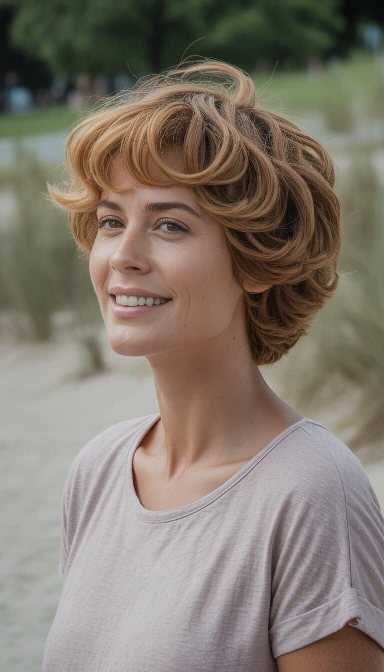 A woman with tousled wavy hair stands outdoors in casual clothes, smiling naturally in a relaxed setting.