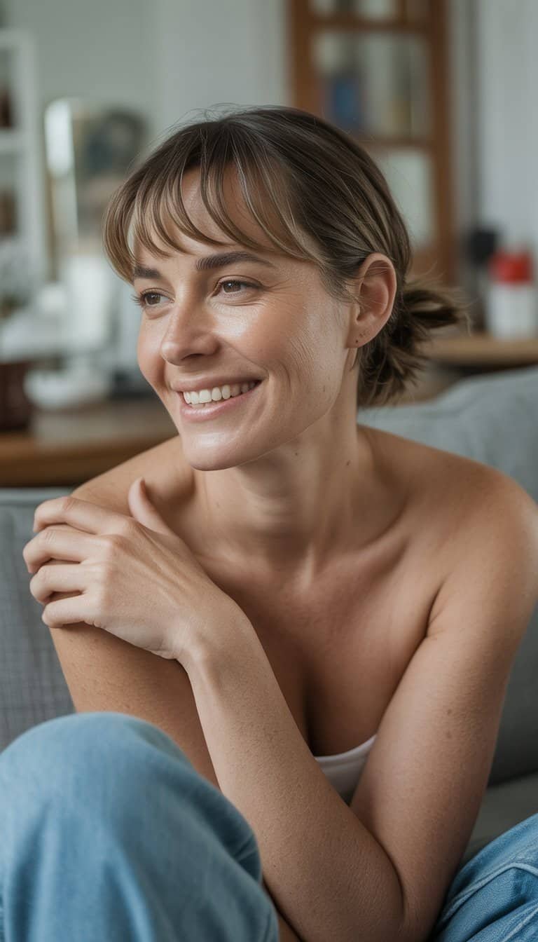 A woman with a short layered haircut and side-swept bangs smiling naturally in a casual indoor setting.