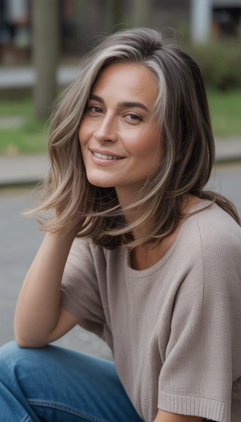 A woman with a long layered hairstyle standing in a casual everyday setting, looking relaxed and natural.