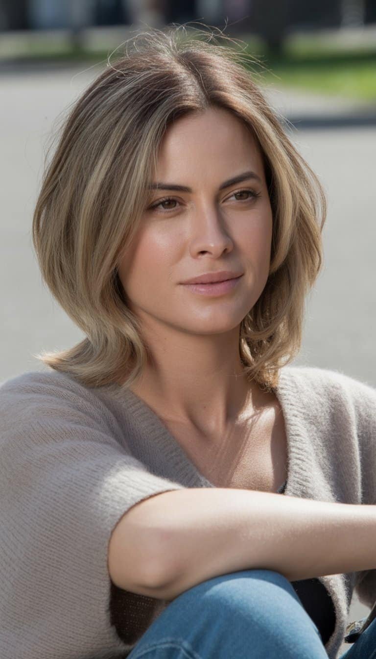 A woman with long layered hair standing outdoors in a casual setting, wearing simple clothes and smiling gently.