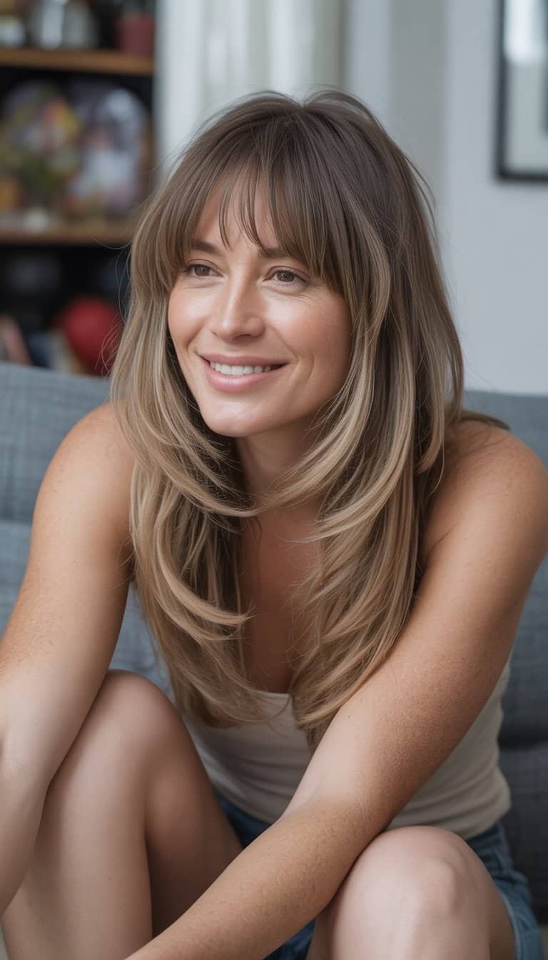 A woman with long layered hair and curtain bangs standing in a casual indoor setting, smiling naturally.