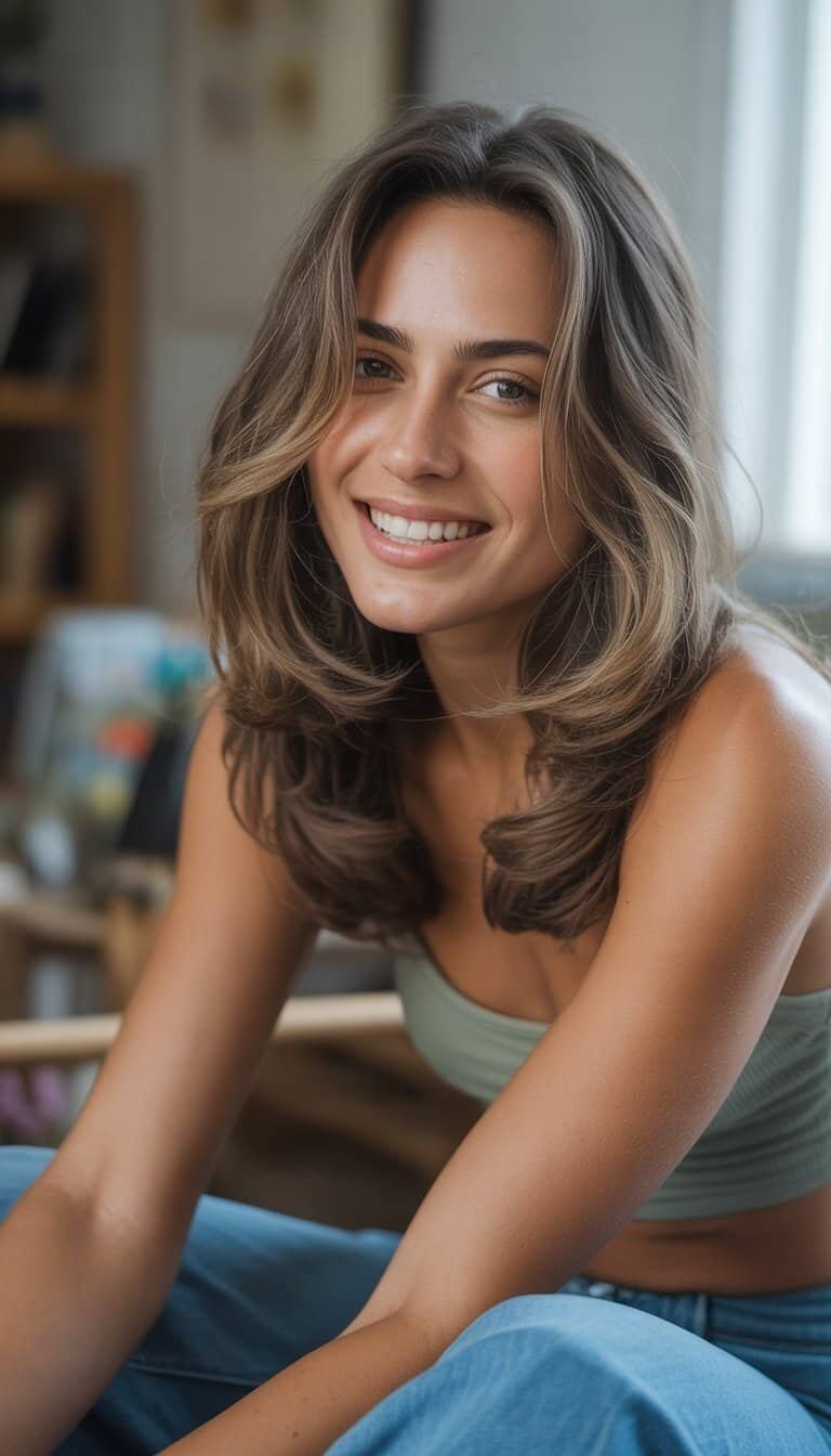 A woman with long wavy hair standing in a casual indoor setting, smiling naturally.