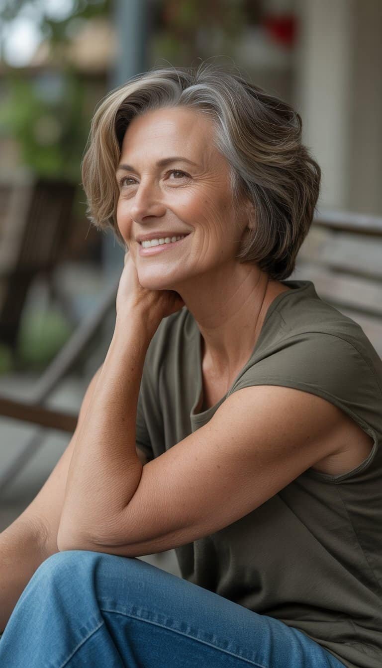 A woman over 50 with a stylish haircut smiles naturally in a casual setting.
