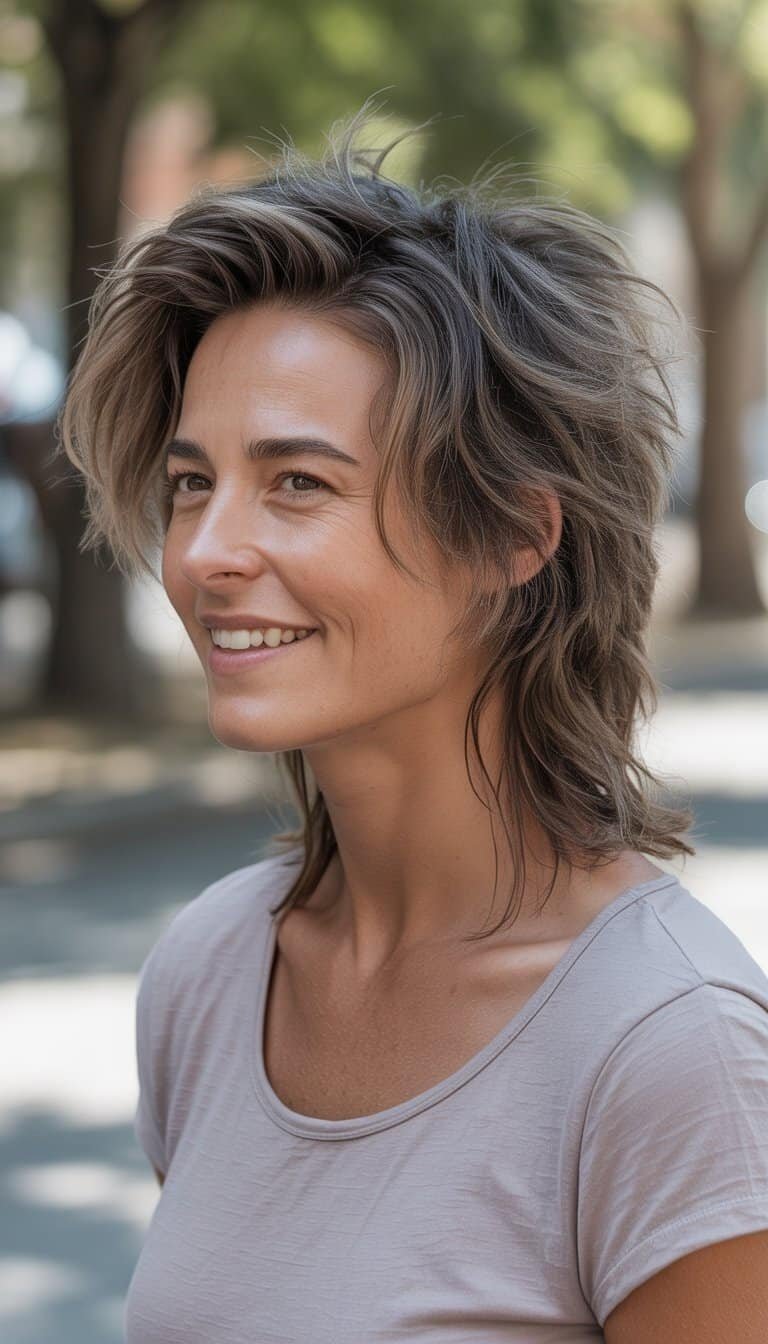 A woman with long textured hair stands outdoors, smiling naturally in a casual setting.