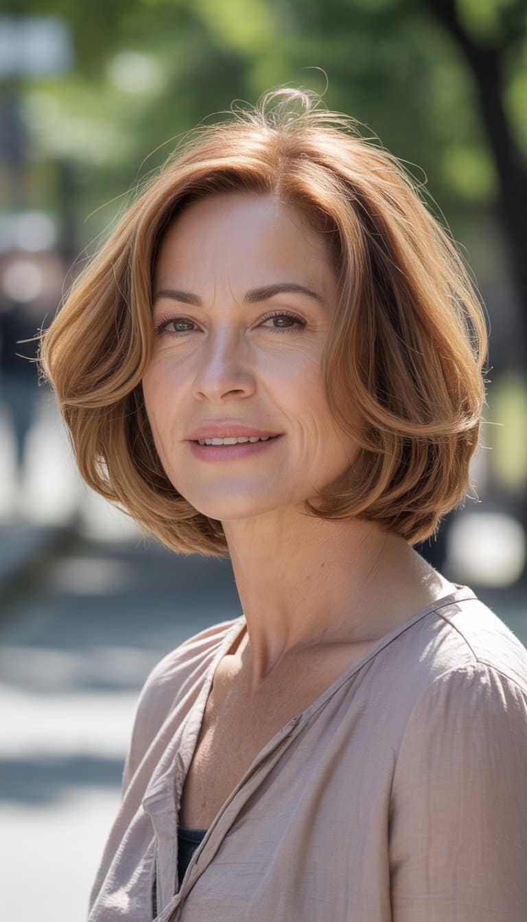 A woman over 50 with shoulder-length chestnut hair standing outdoors with a relaxed expression.