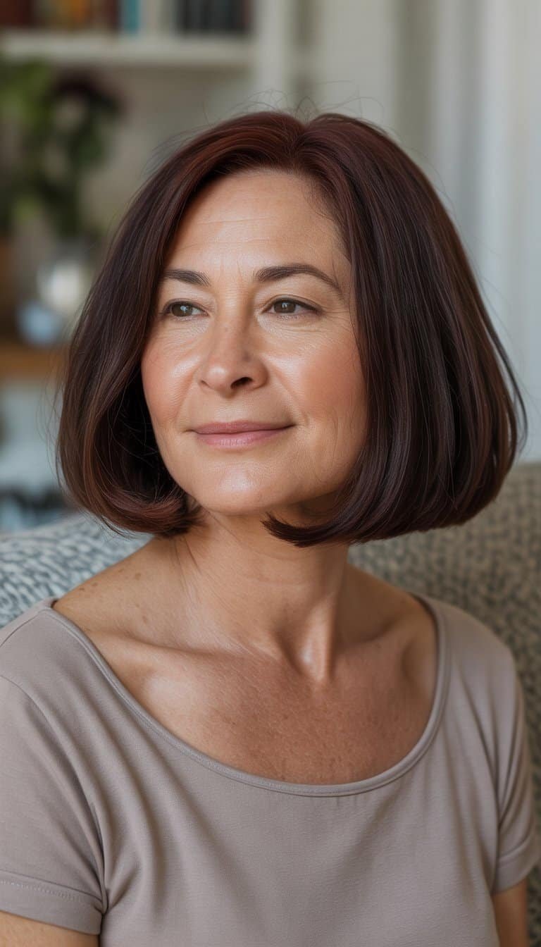 A woman over 50 with a blunt bob haircut sitting casually in a cozy indoor setting, looking relaxed and natural.