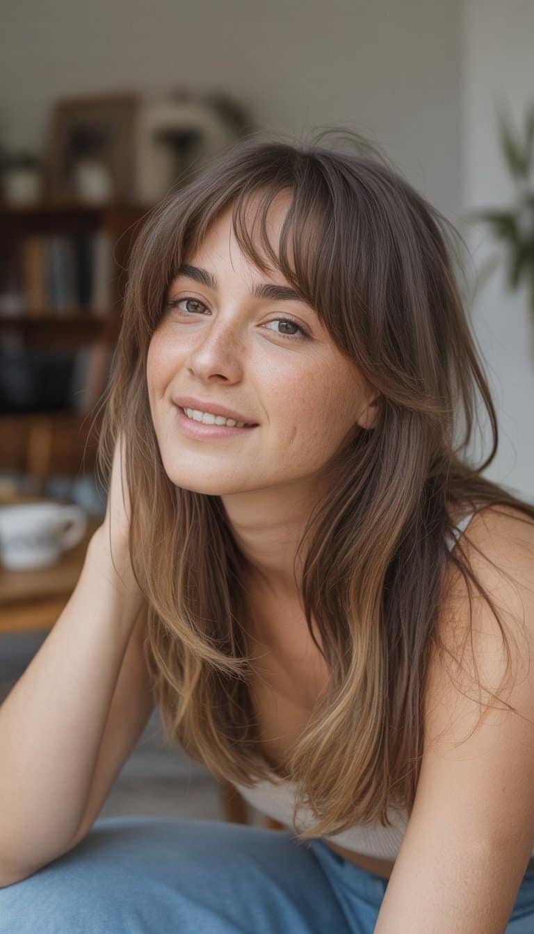 A young woman with a long layered haircut and side-swept bangs stands casually in a simple indoor setting, smiling softly.