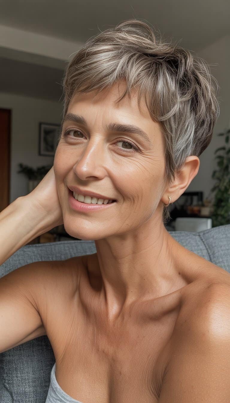 A woman over 50 with short hair smiling naturally in a casual indoor setting.