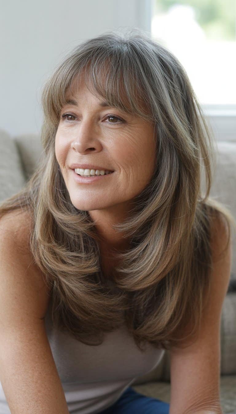 A woman over 50 with long layered hair and bangs, smiling naturally in a casual indoor setting.