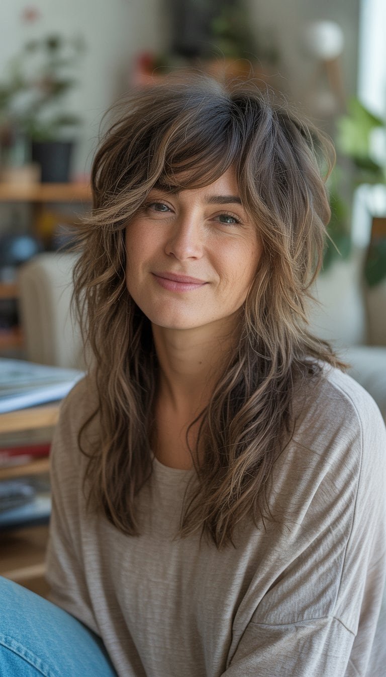 A woman with long messy hair standing in a casual indoor setting, wearing a simple sweater and looking relaxed and natural.