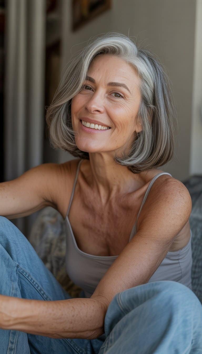 A woman with silver gray bob haircut smiling casually in a simple indoor setting.