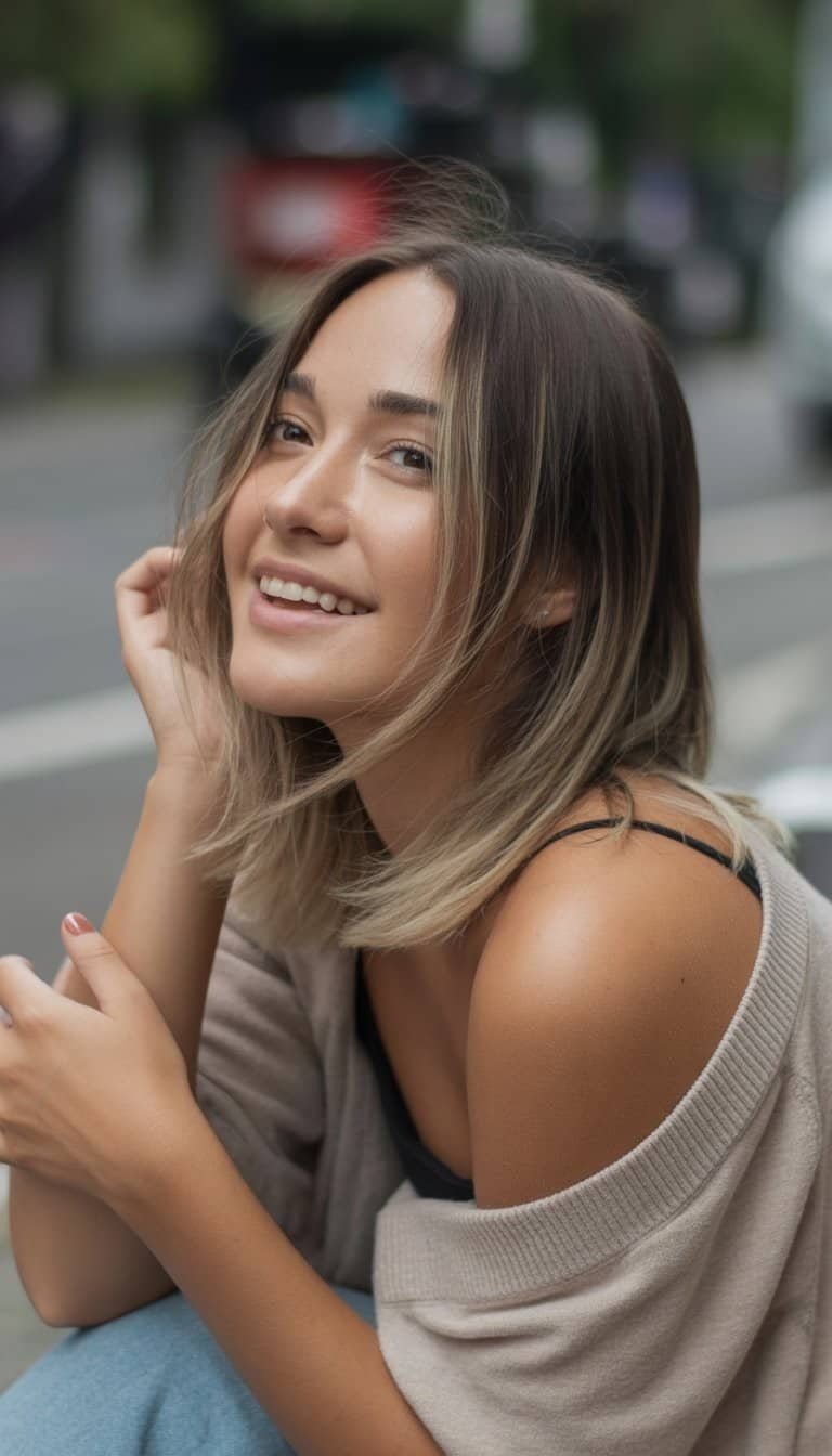 A young woman with long layered hair standing outdoors, smiling softly in a casual setting.