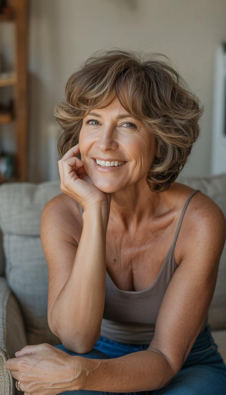 A woman over 50 with a voluminous shag haircut wearing casual clothes, smiling naturally in a cozy indoor setting.