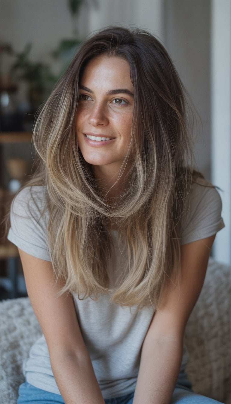 A woman with long layered hair and subtle color standing in a casual indoor setting, smiling naturally.