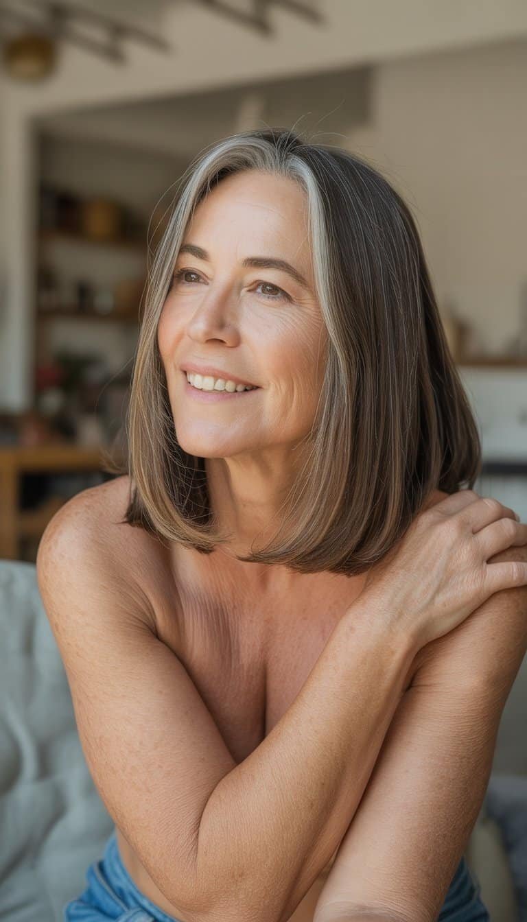 A woman over 50 with mid-length straight hair smiling naturally in a casual indoor setting.