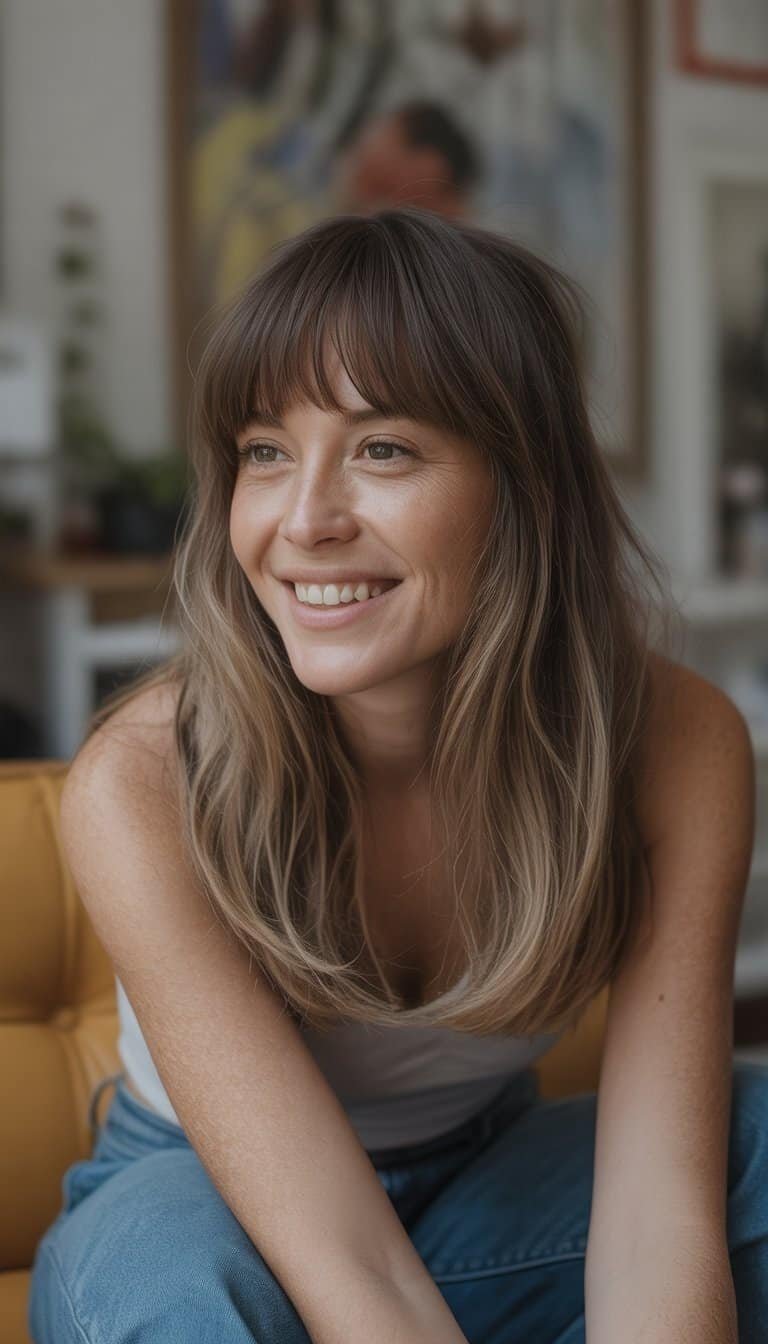 A woman with long layered hair and blunt bangs, standing casually in a simple indoor setting, smiling naturally.