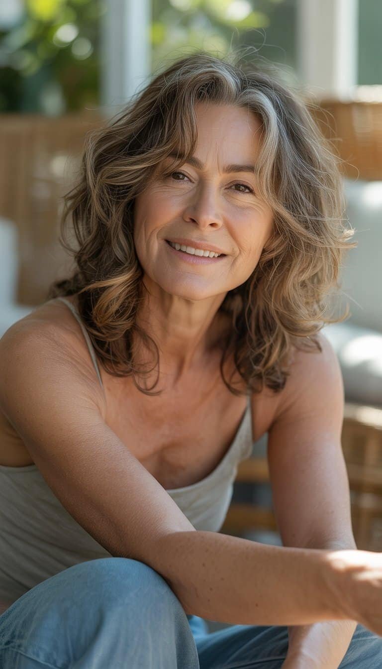 A woman over 50 with wavy hair and highlights smiling naturally in a casual home or garden setting.