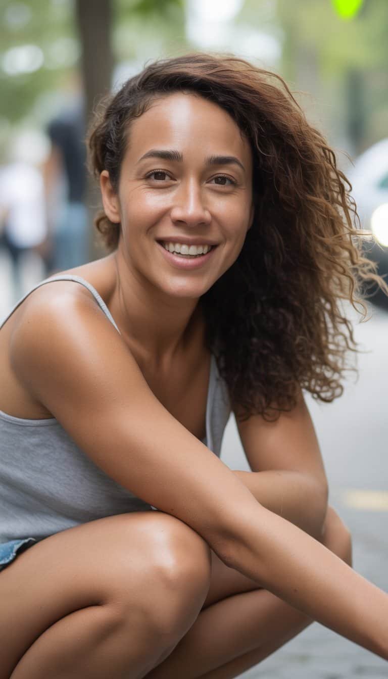 A woman with long curly hair stands outdoors in a casual setting, smiling naturally.