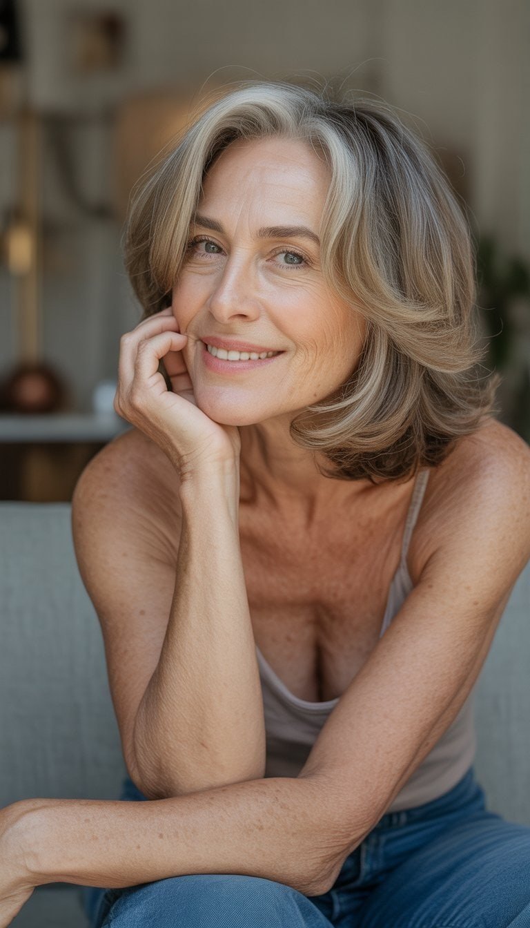 A woman over 50 with shoulder-length feathered hair smiling naturally in a casual indoor setting.