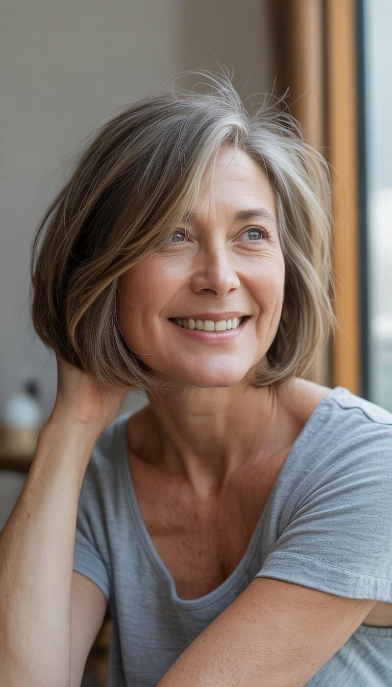 A woman over 50 with an asymmetrical bob haircut smiling naturally in a casual indoor setting.