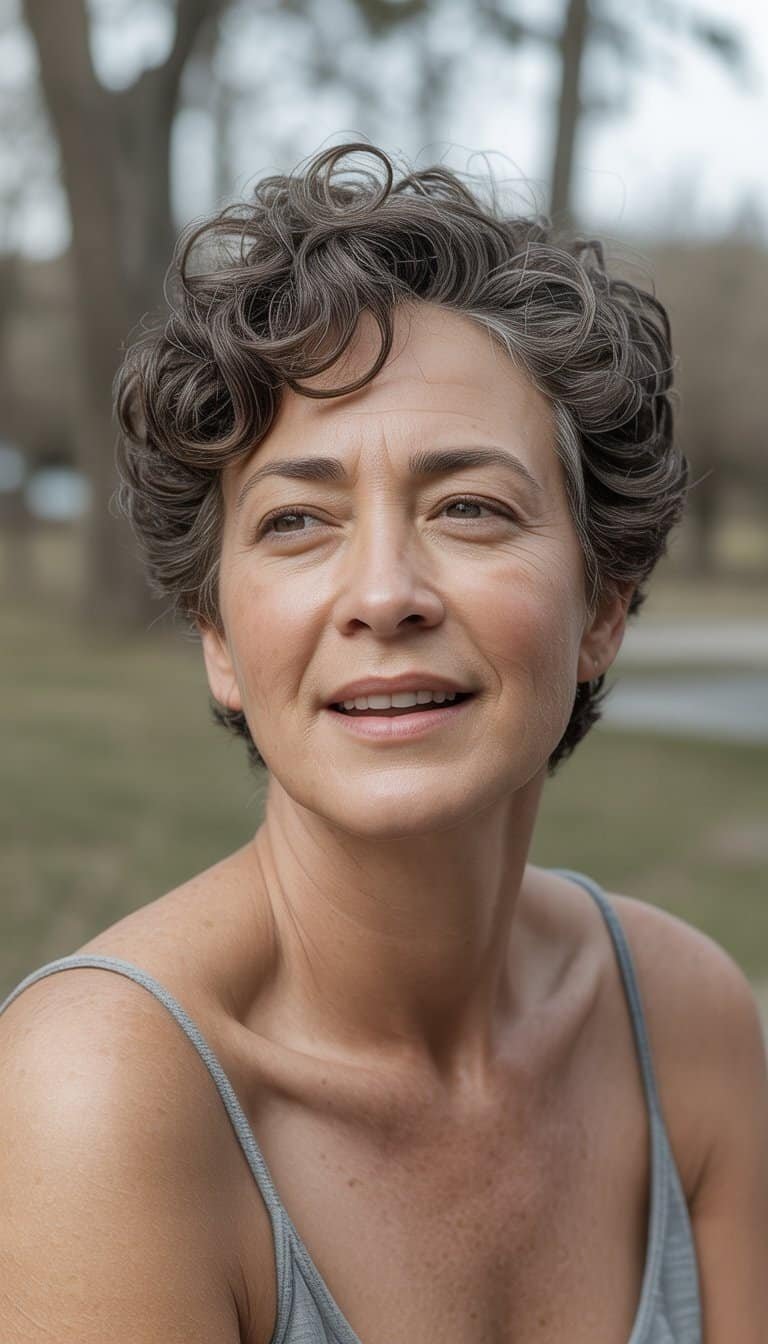 A woman over 50 with curly short hair smiling naturally in a casual indoor or outdoor setting.
