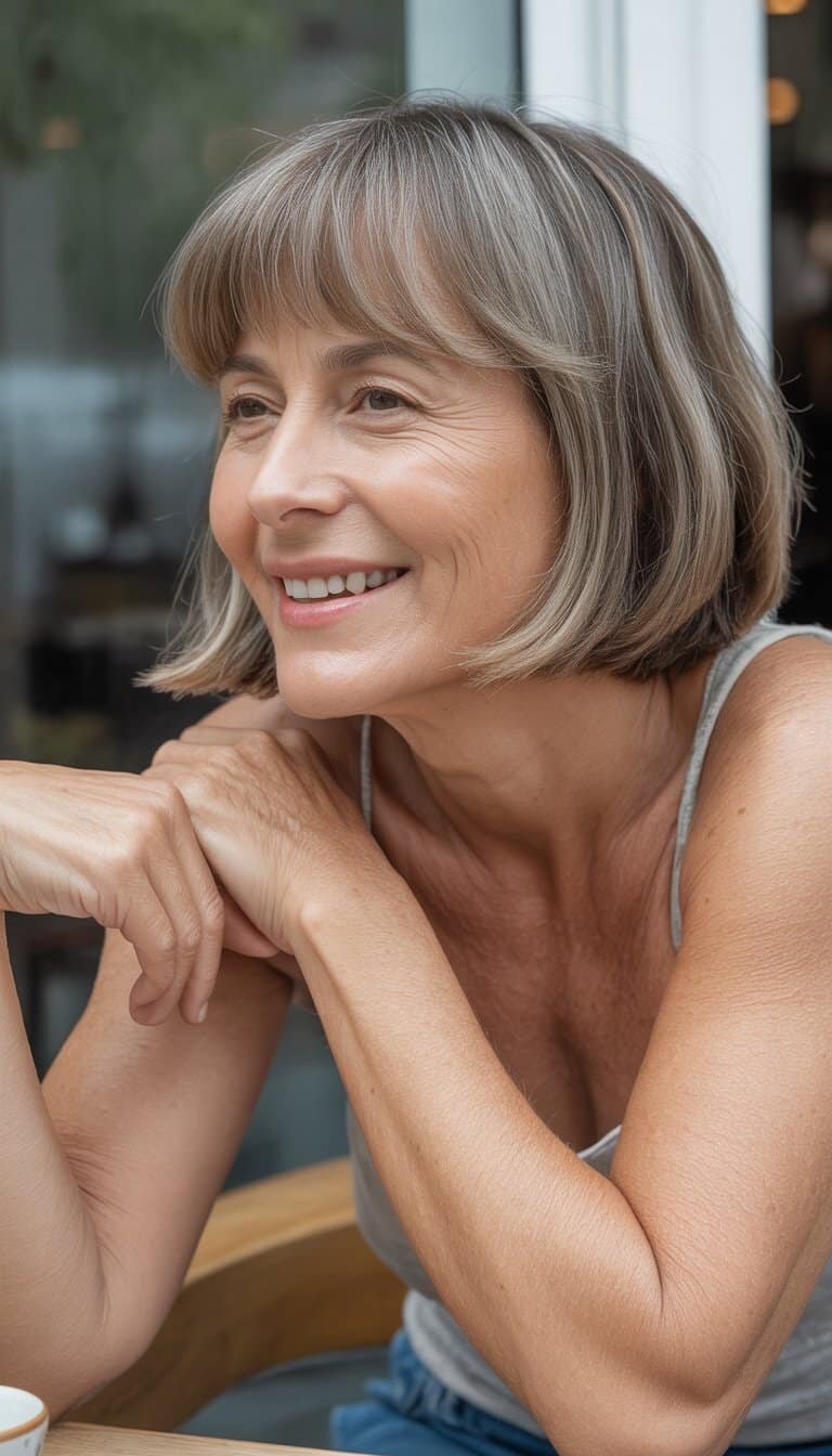 A woman over 50 with short hair and side-swept bangs smiling naturally in a casual indoor setting.
