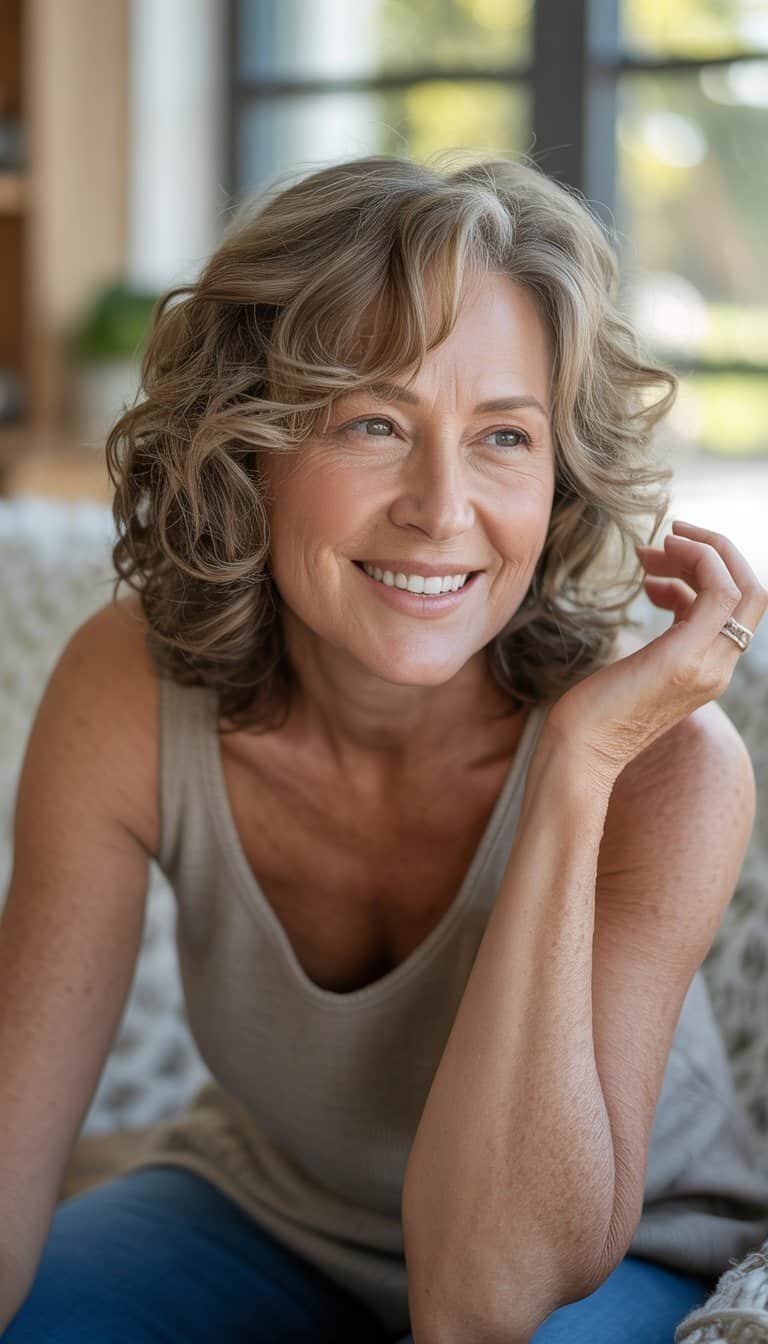 A woman over 50 with soft curly layered hair smiling naturally in a casual setting.