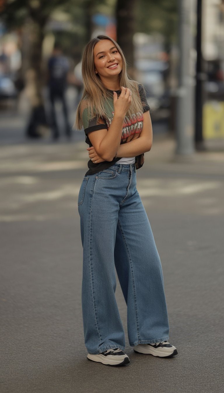 A young woman standing outdoors on a city street, shown from head to toe in casual clothing.