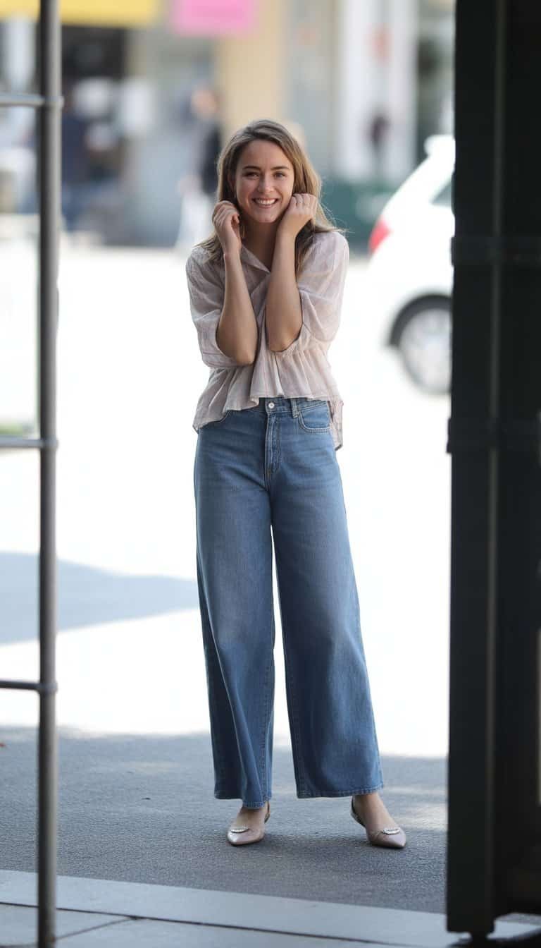 A young woman standing outdoors in a casual setting, shown full body wearing jeans and a blouse, looking relaxed and natural.