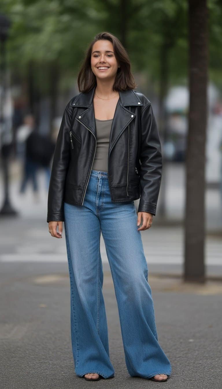 A young woman standing outdoors on a city street, wearing a jacket and jeans, looking relaxed and confident.