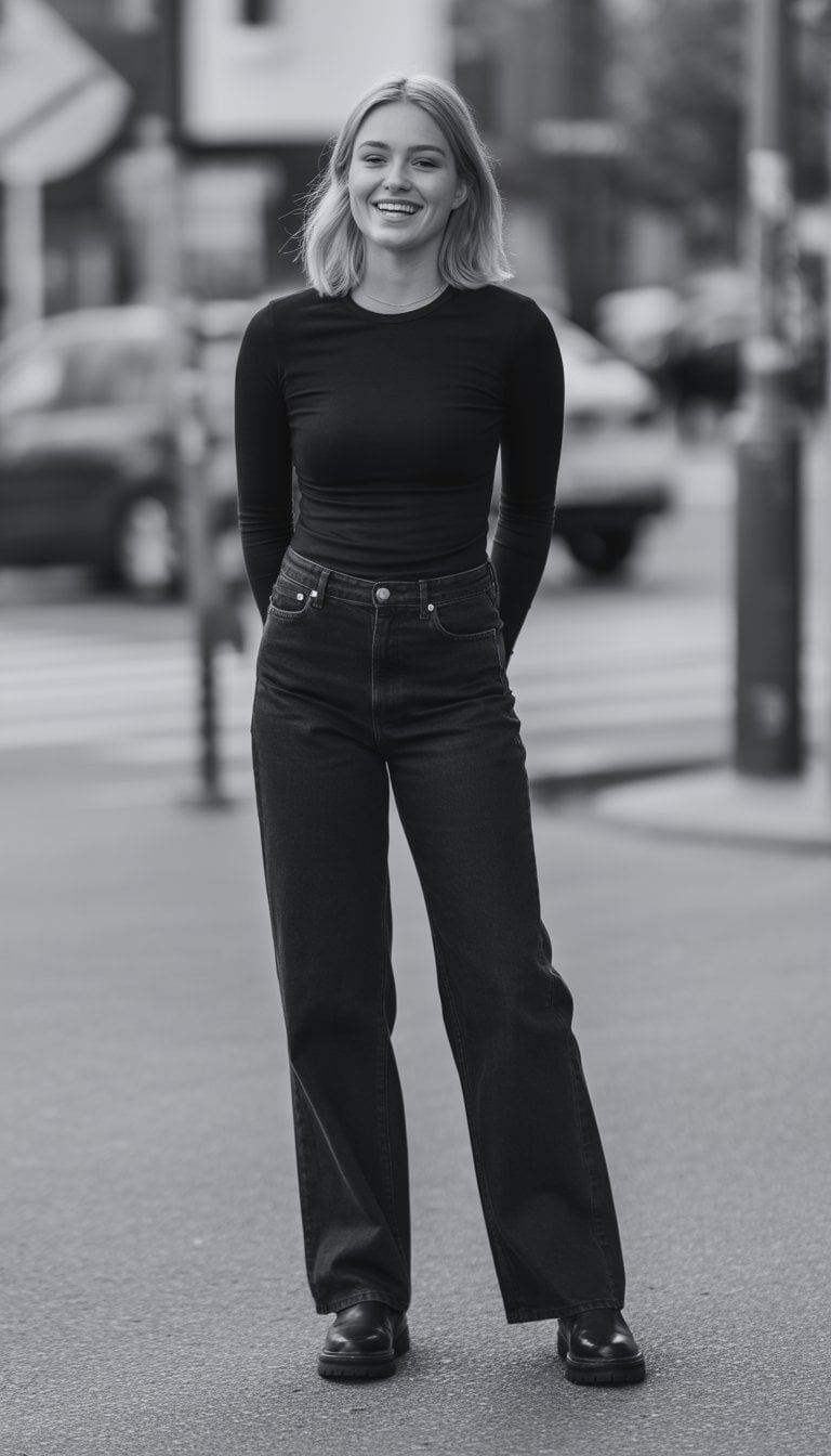 A young woman standing outdoors on a city street, wearing black wide-leg jeans, a black top, and black boots, smiling naturally at the camera.