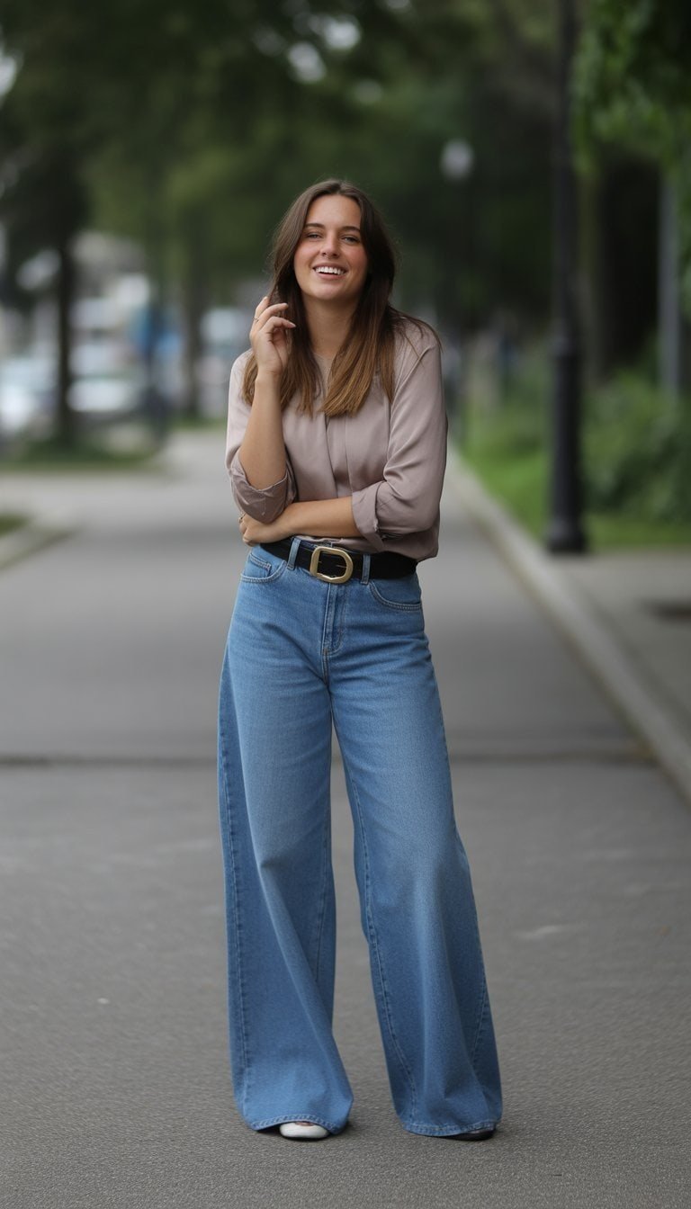 A young woman standing outdoors on a quiet street, wearing jeans and a blouse, looking relaxed and smiling.