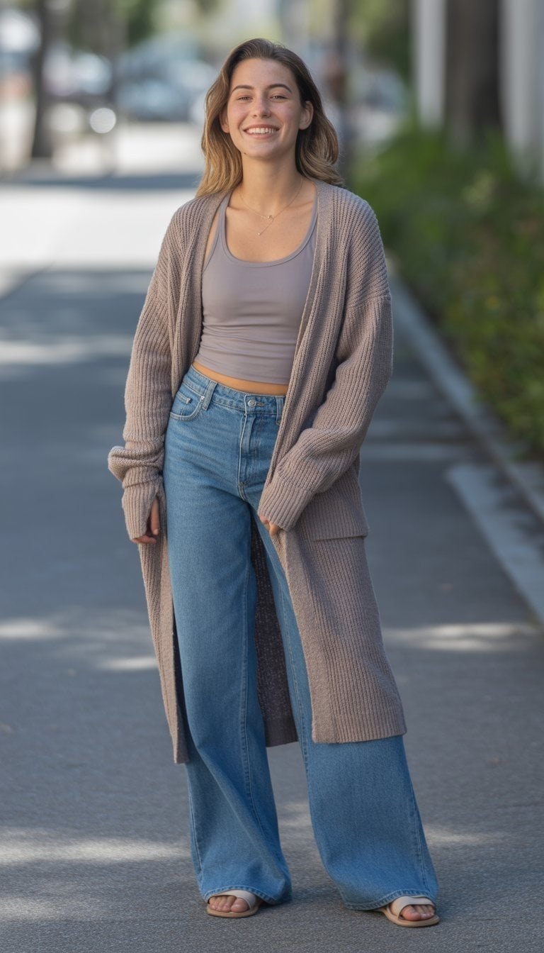 A young woman standing outdoors on a quiet street, wearing a cardigan, tank top, wide-leg jeans, and sandals, smiling naturally.