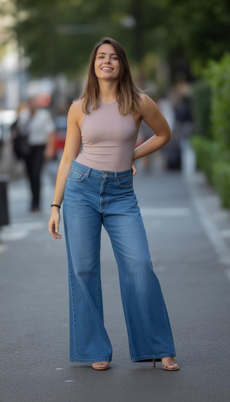 A young woman standing outdoors on a city street, shown full body from a distance.