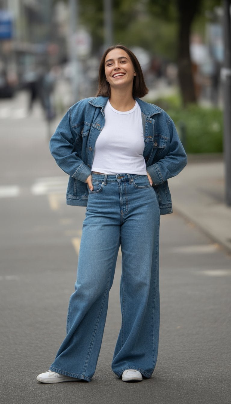 A young woman standing outdoors in casual clothing, wearing wide-leg jeans, a denim jacket, and a white t-shirt, smiling naturally.