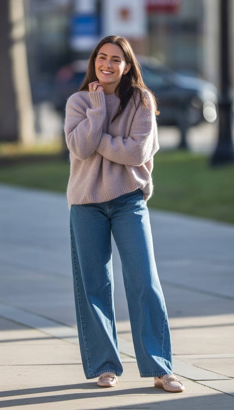A young woman standing outdoors on a city sidewalk wearing a sweater, wide-leg jeans, and loafers, shown from head to toe.