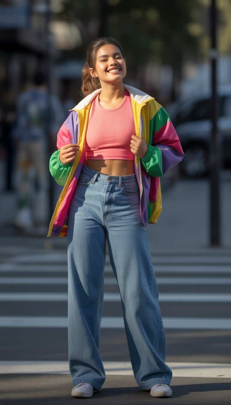 A young woman stands outdoors on a city street, wearing a colorful outfit, with a natural, relaxed expression.