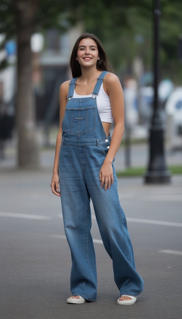 A young woman standing outdoors wearing denim overalls and a white crop top, smiling naturally with a casual posture.