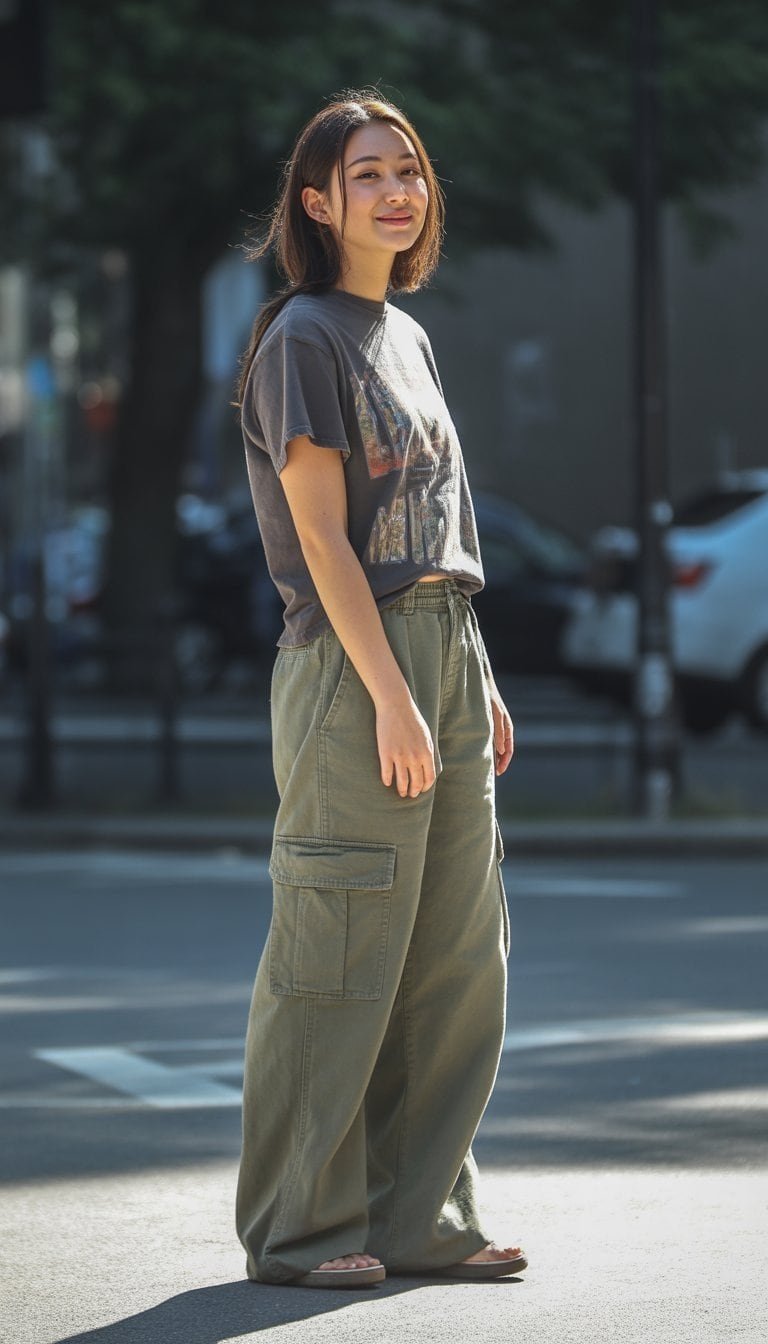 A young woman standing outdoors on a city street, wearing baggy pants and a graphic t-shirt, looking at the camera with a natural expression.
