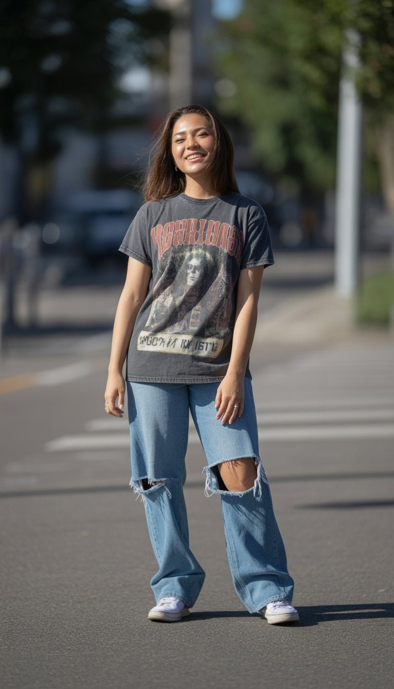 A young woman standing outdoors on a city street, wearing casual clothes, looking relaxed and natural.
