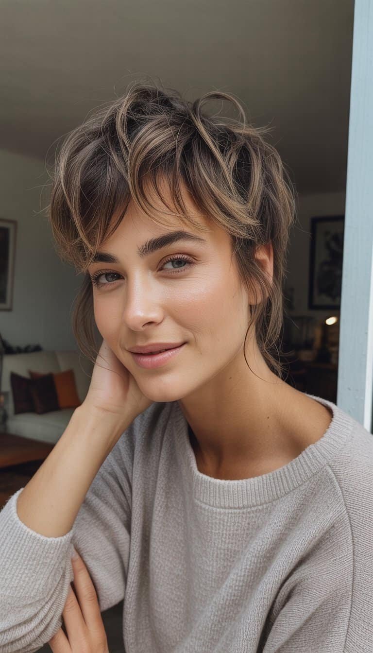 A woman with a messy short haircut standing in a casual indoor setting, wearing simple clothes and smiling naturally.