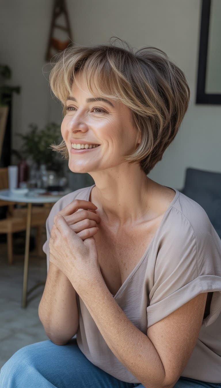 A woman with a short feathered haircut smiles gently while standing in a casual indoor setting.