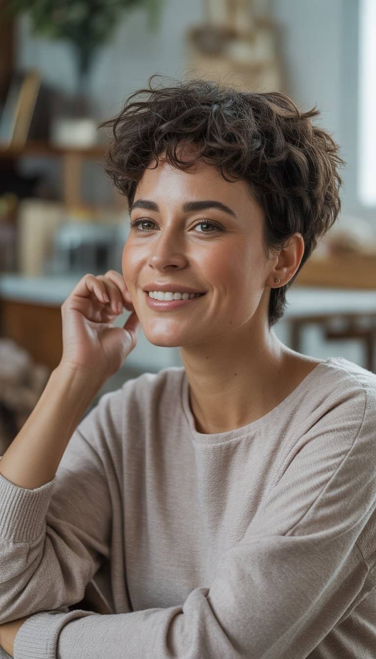 A woman with a short, textured haircut stands in a casual setting, wearing simple clothes and looking relaxed and natural.
