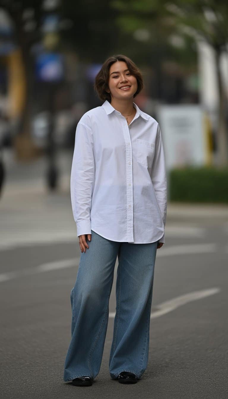 A young woman standing outdoors on a city street, wearing a white button-down shirt and wide jeans, looking relaxed and natural.