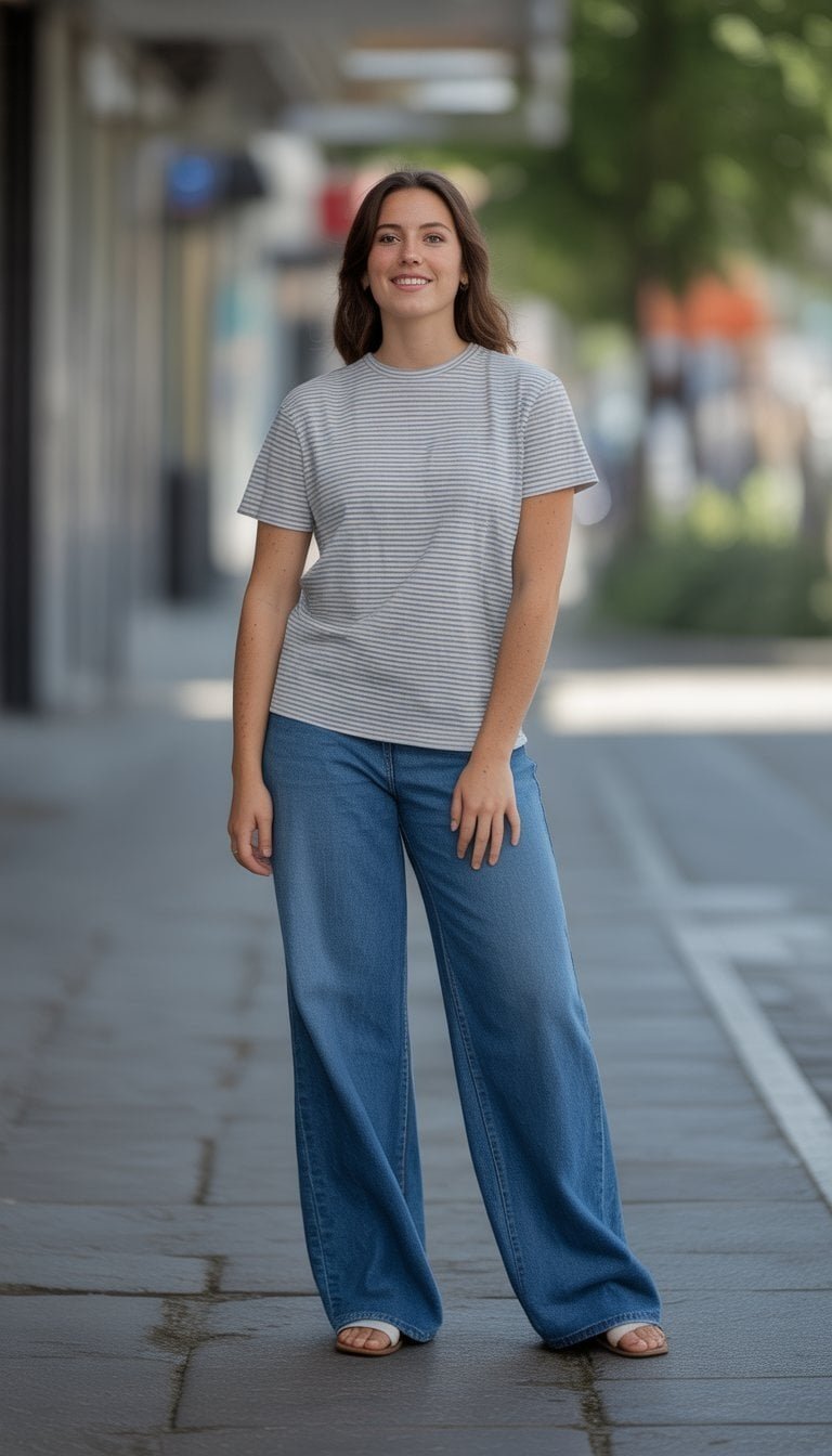 A young woman standing outdoors on a city sidewalk wearing a striped shirt and wide jeans, looking relaxed and natural.