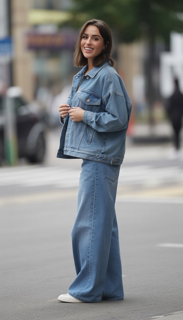 A young woman standing outdoors wearing a denim jacket and wide jeans, smiling naturally with a city street in the background.