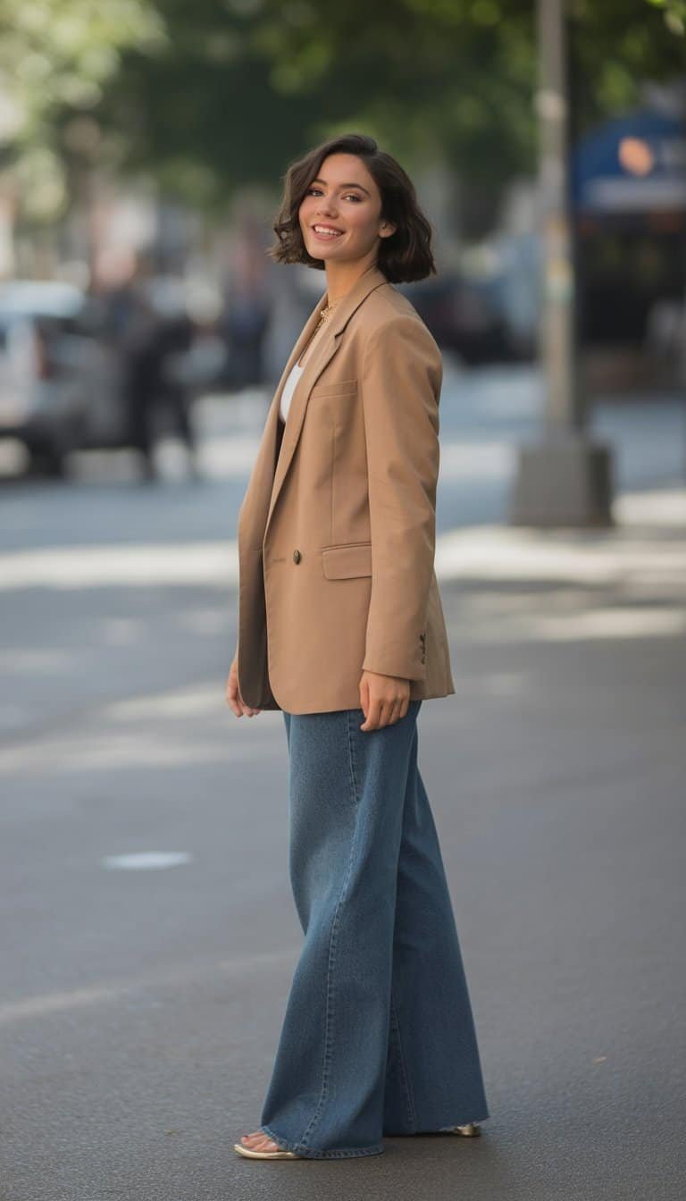 A young woman standing outdoors on a city street, wearing a camel blazer and wide jeans, looking relaxed and confident.