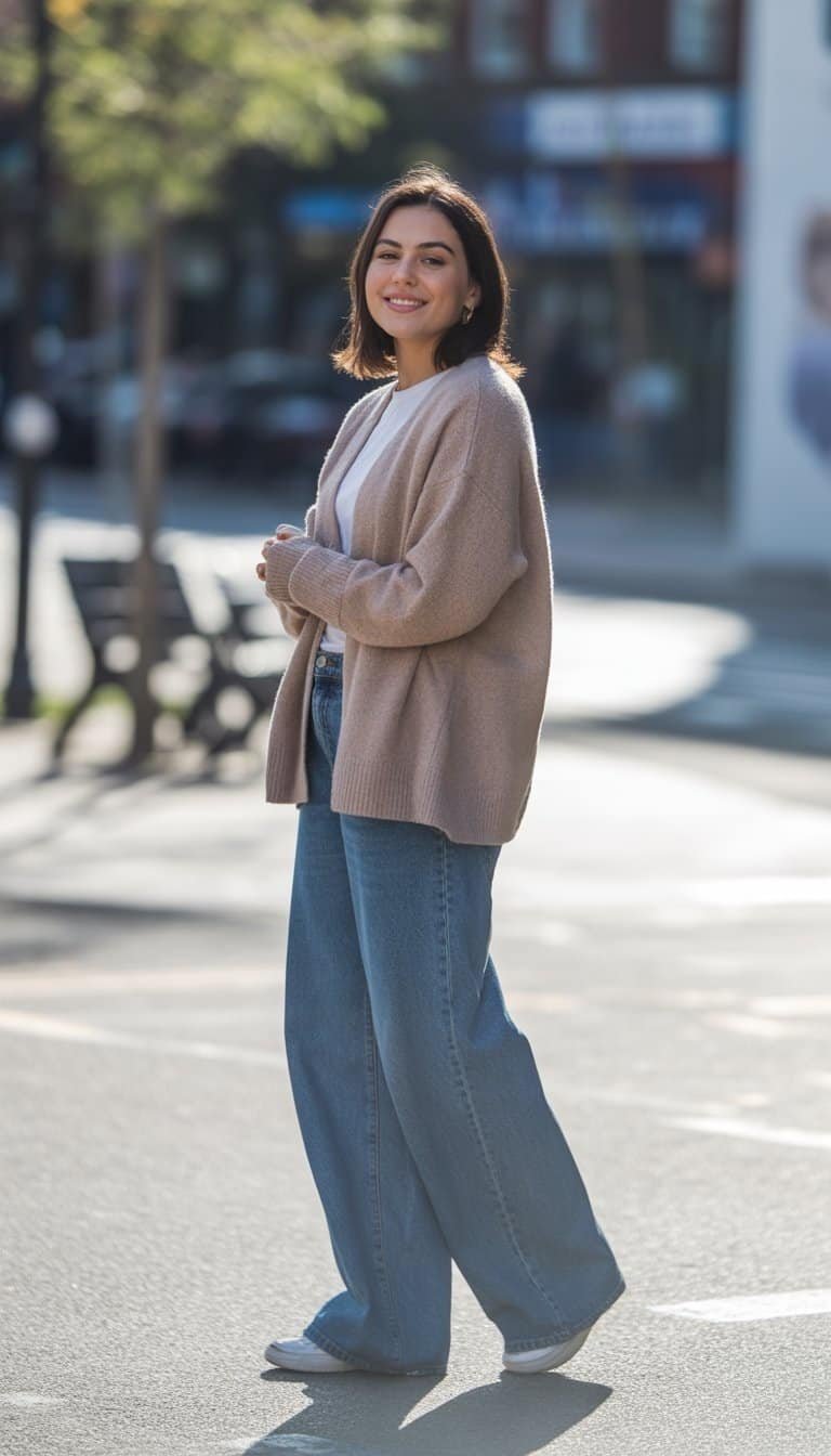 A young woman standing outside on a city street, wearing a cardigan and wide jeans, looking relaxed and smiling gently.