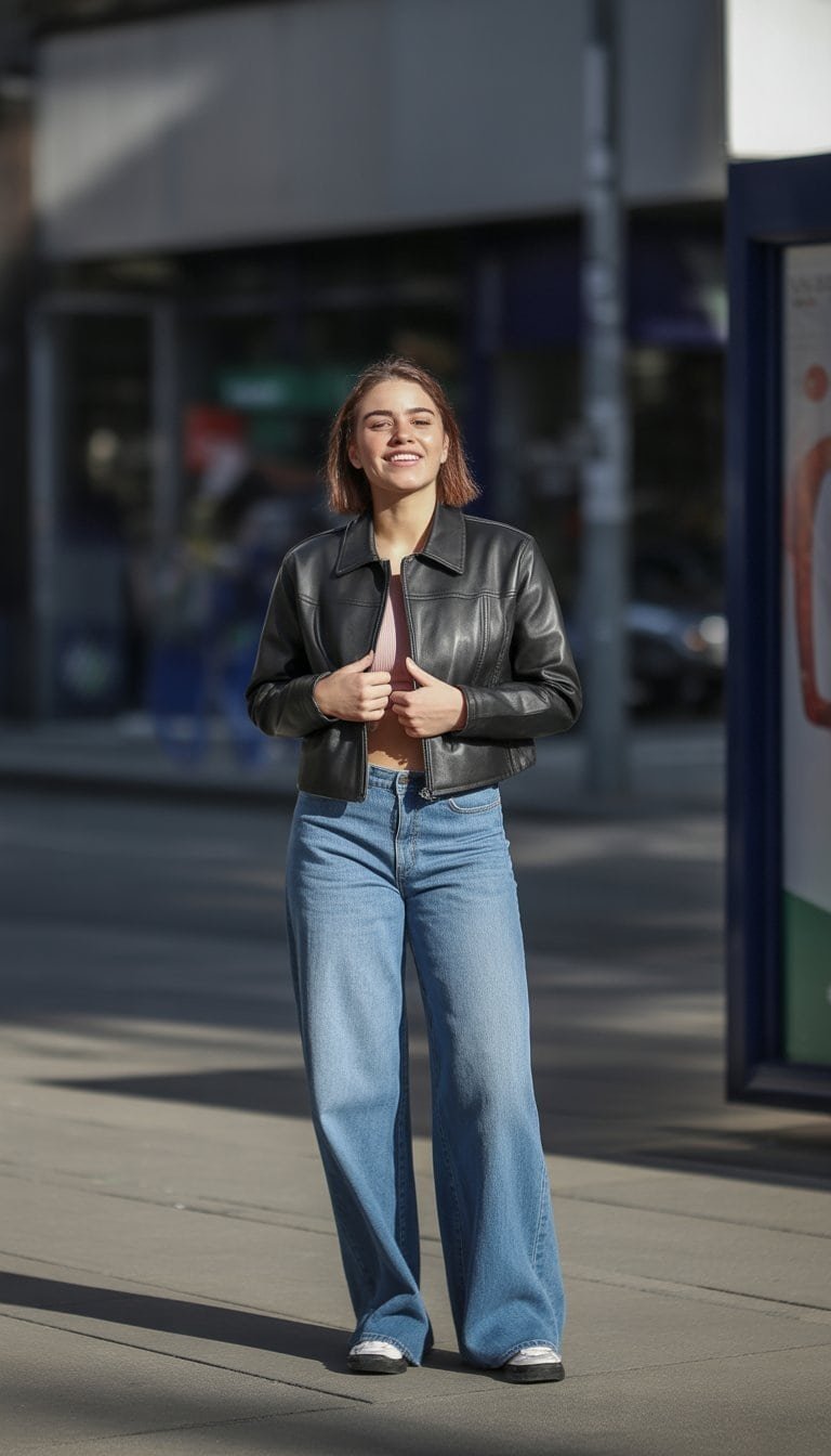 A young woman standing outdoors on a city sidewalk, wearing a cropped jacket and wide jeans, looking relaxed and natural.
